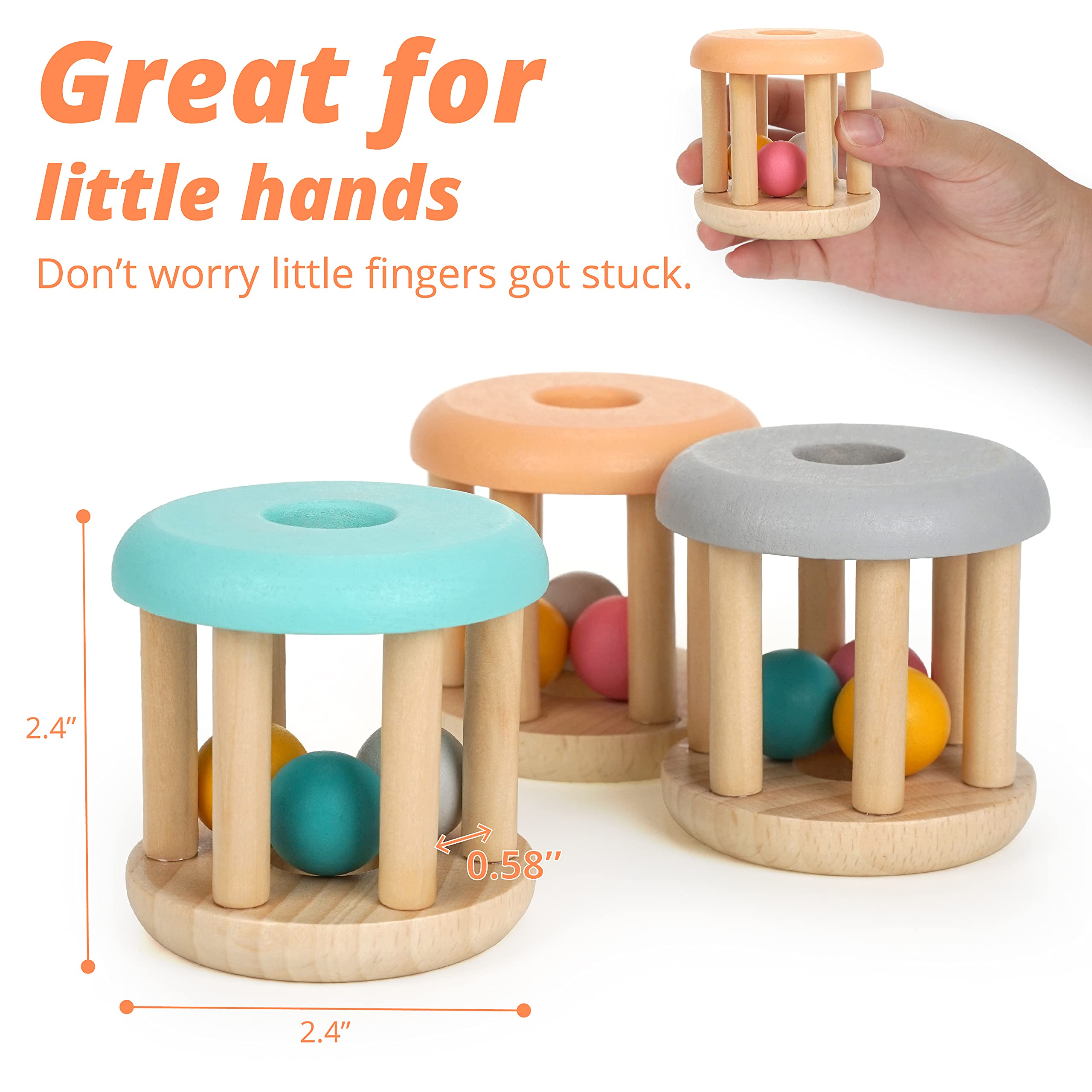 Soft finishes on DUCKBOXX XX wooden rattle rollers for safe play