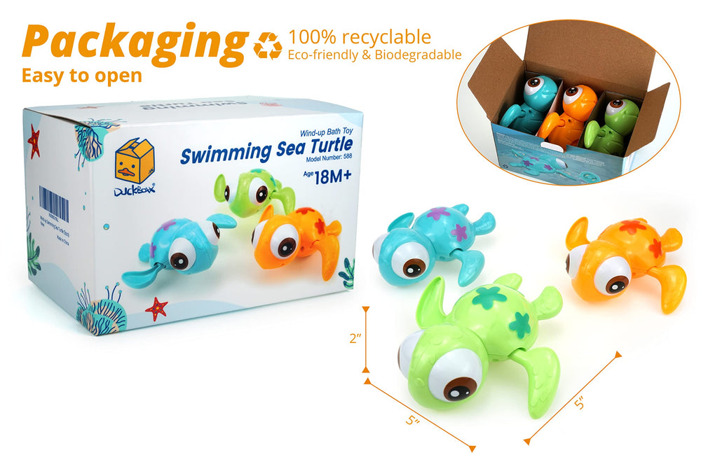Child winds up toy and watches sea turtles glide, fostering fine motor skills.