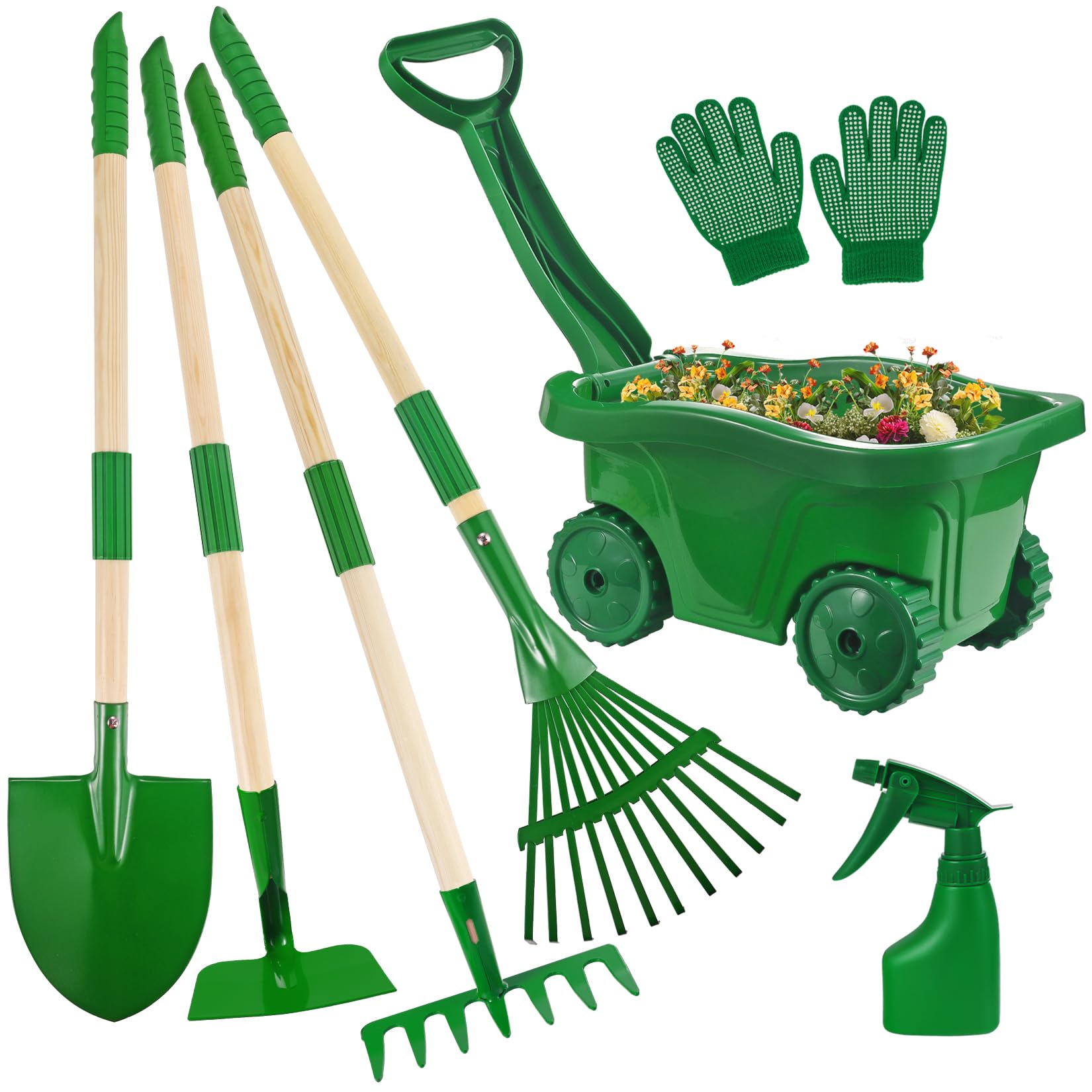 Duckura Kids Gardening Tools Set with wheelbarrow and tools, promotes outdoor play and family gardening skills.