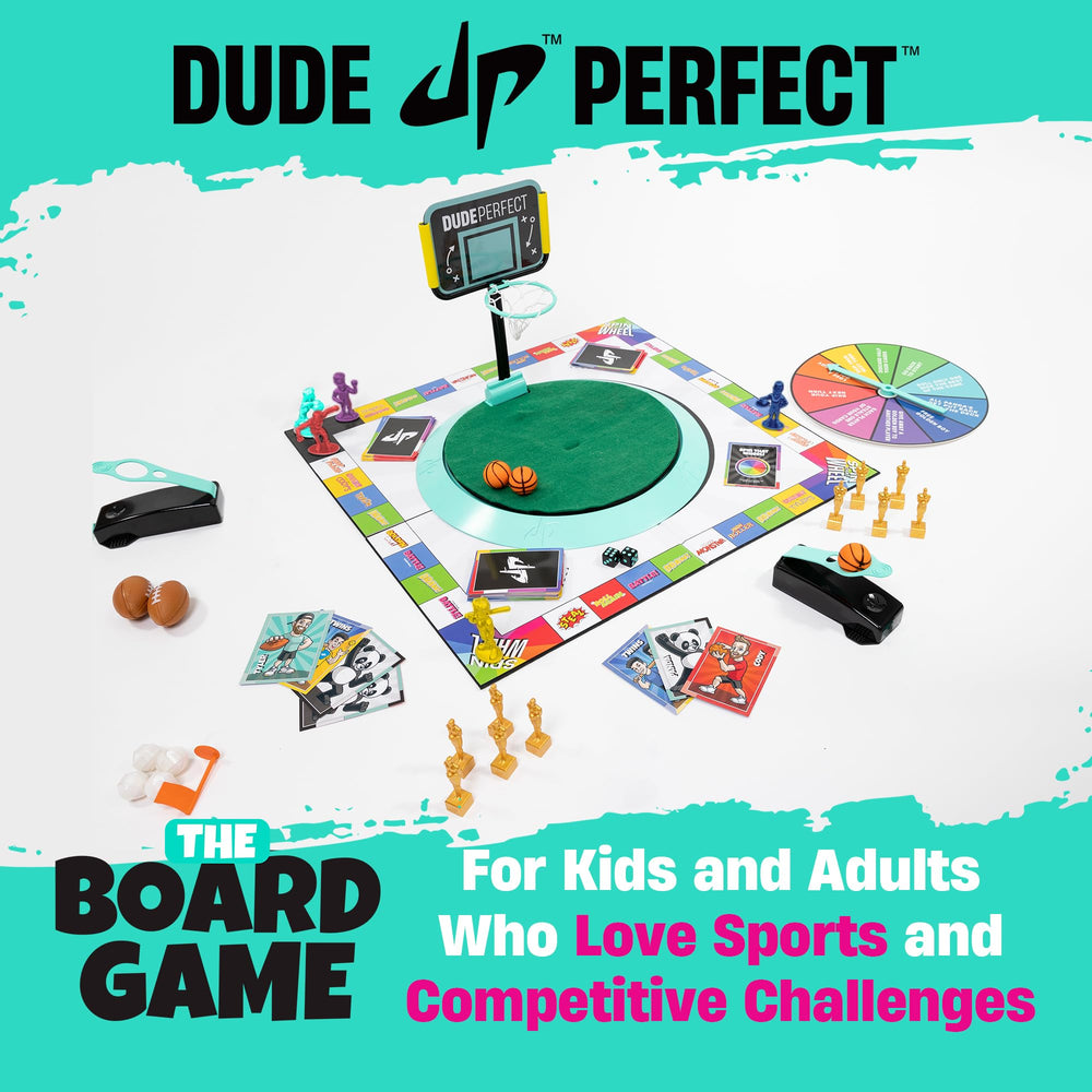 Dude Perfect board game dice and spinner in action, inviting competitive rounds and fast decisions.