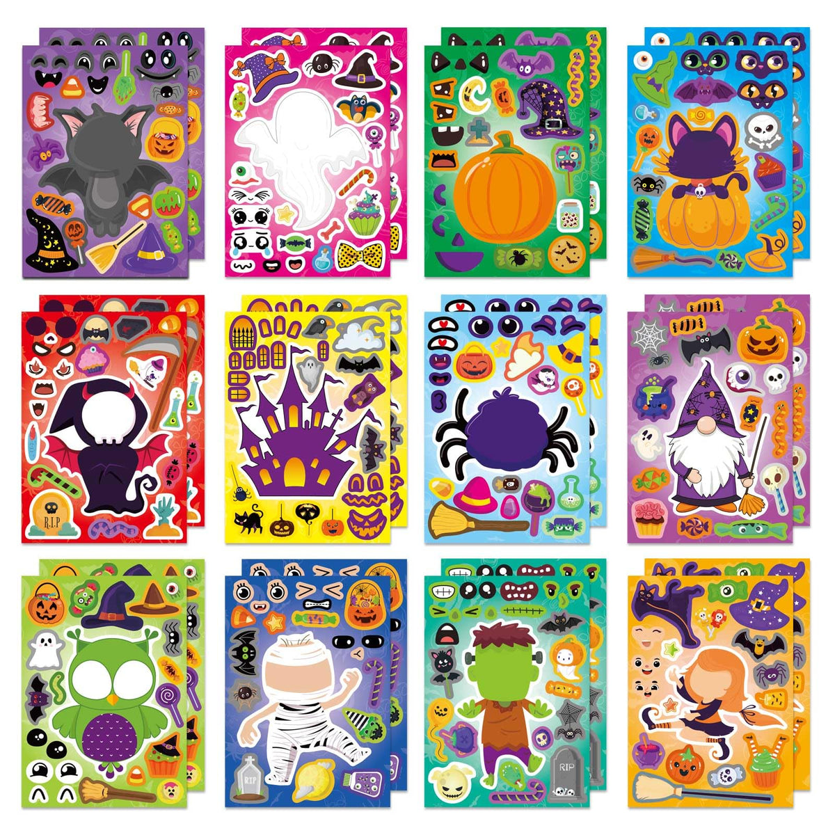 DUJAA Halloween make-a-face stickers sheet closeup—vibrant designs for kids' crafts