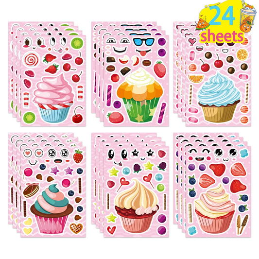 DUJAA Make-a-face cupcake stickers with bright designs and waterproof finish for kids' crafts.