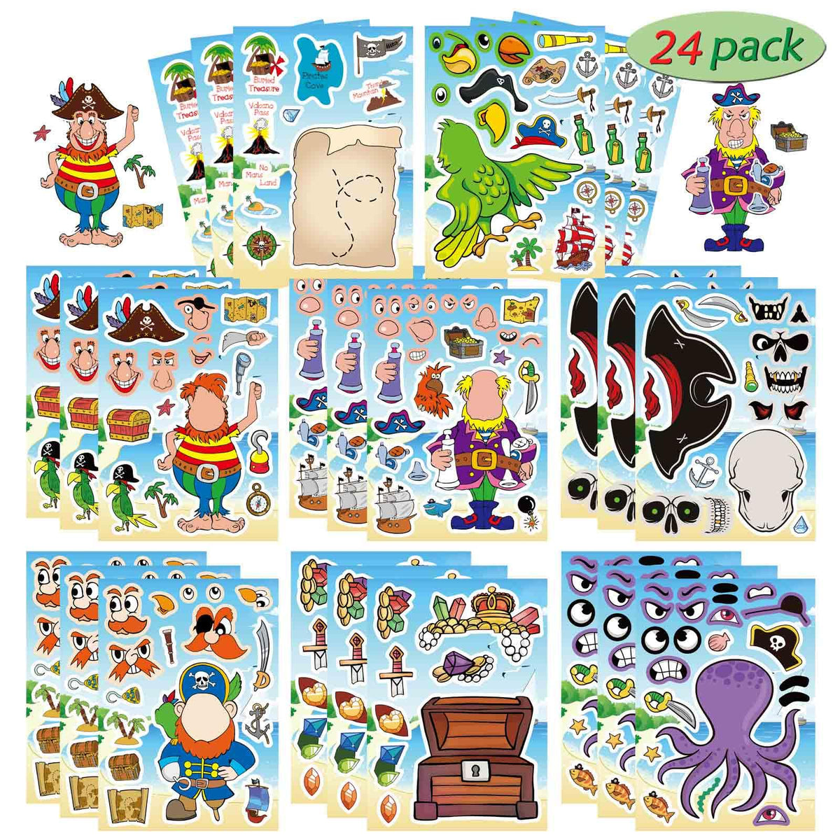 DUJAA pirate stickers 24 sheets with ships and treasure designs for kids' crafts.