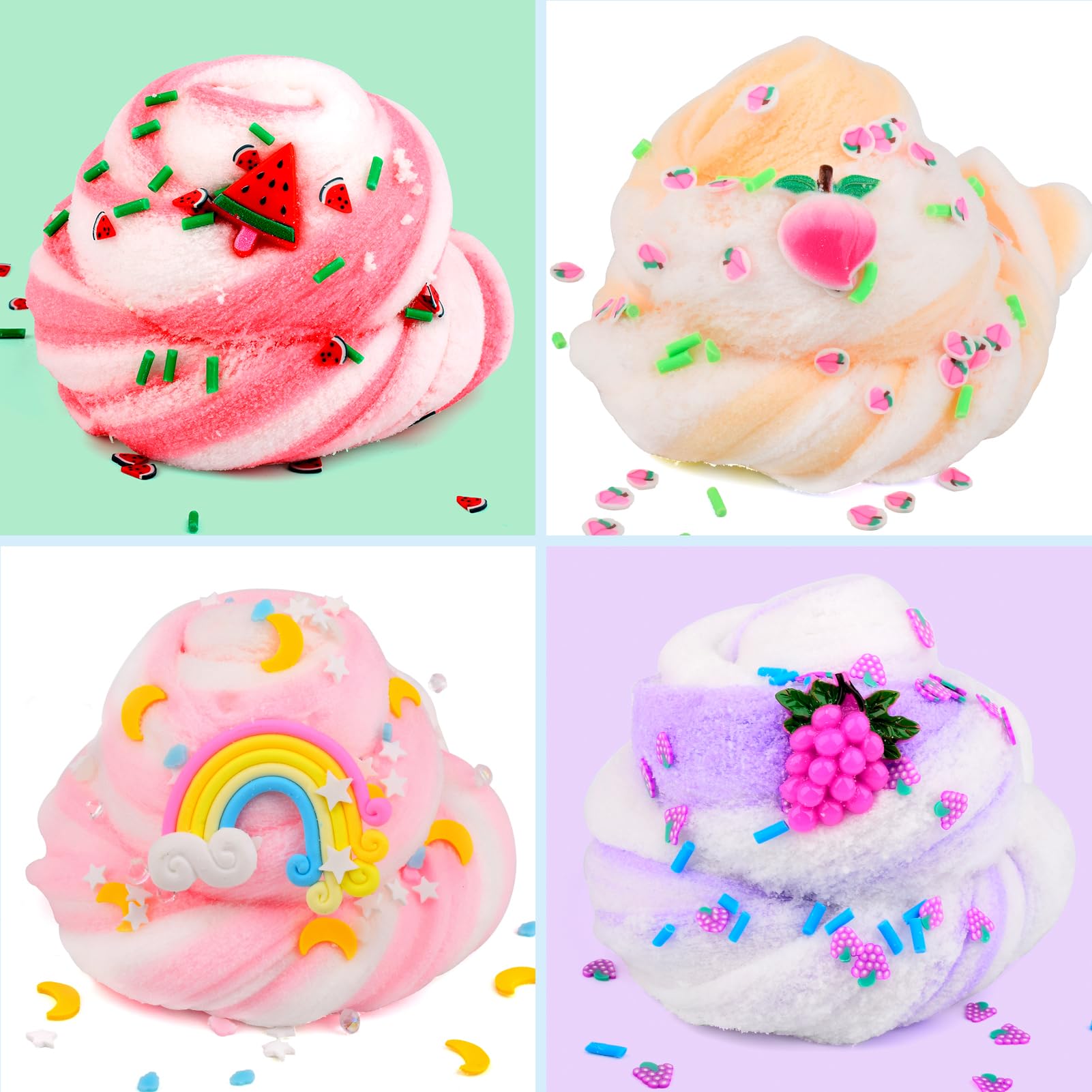 DUJUANHUA Cloud Slime kit close-up reveals fluffy texture and sparkling snowflake powder.