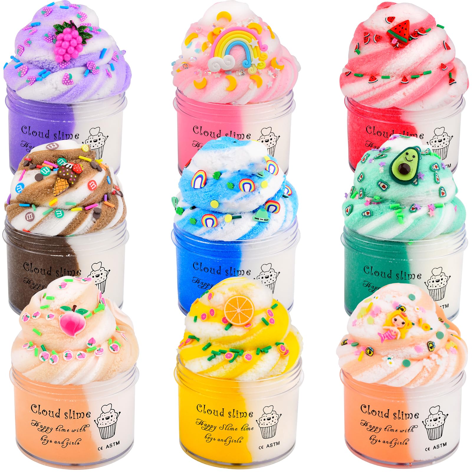 DUJUANHUA Cloud Slime Kit packaging showcases nine colorful slimes for creative play.