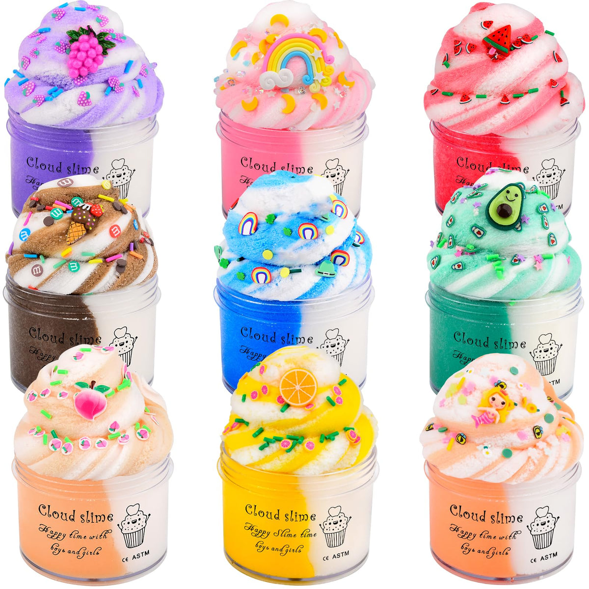 DUJUANHUA Cloud Slime Kit packaging showcases nine colorful slimes for creative play.