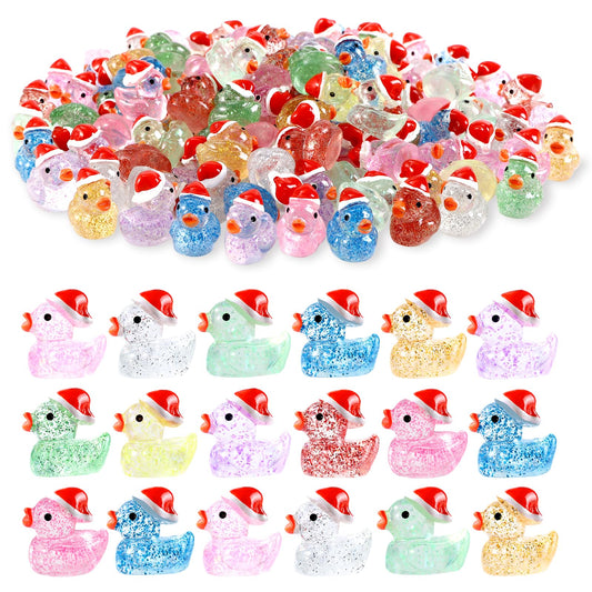 DULEFUN Christmas glitter ducks set with hats for festive decorations and gifts.