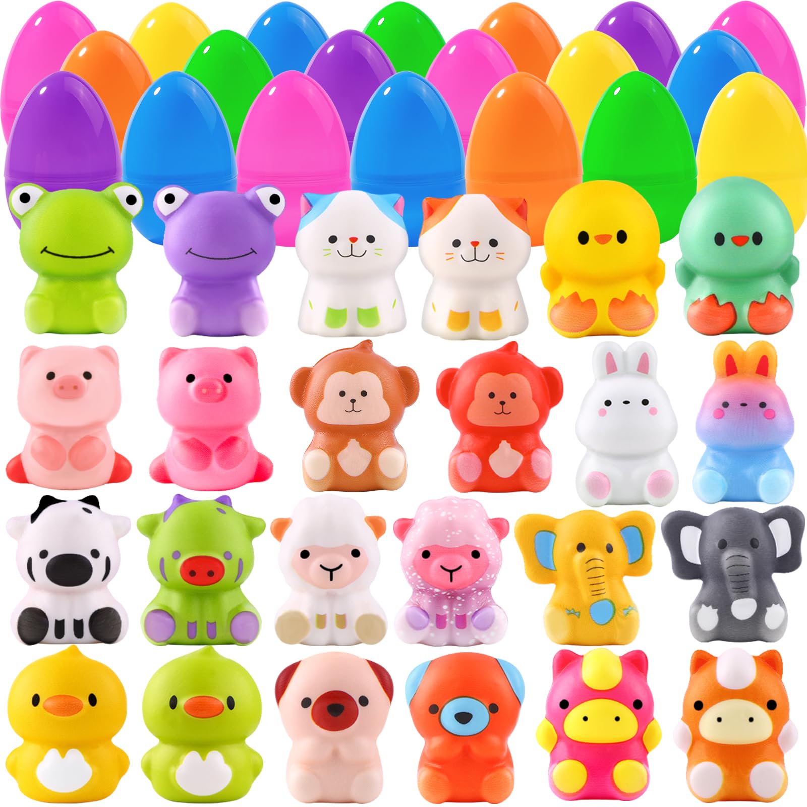 DULEFUN Easter eggs filled with animal squishy toys for kids' hunts.