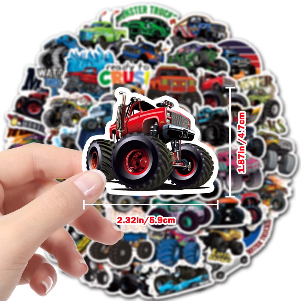DULEFUN Monster Truck stickers on a laptop case; easy to apply and remove.