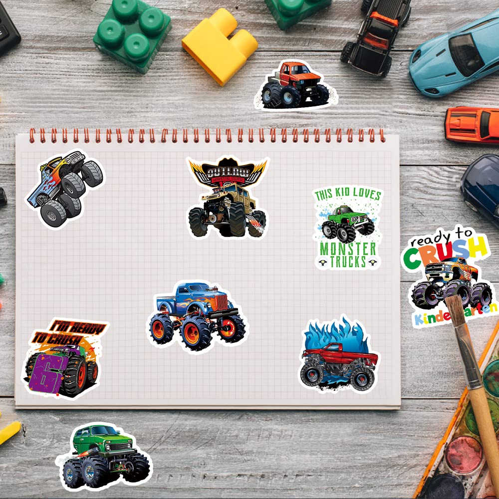 DULEFUN Monster Truck stickers on a notebook; removable designs for quick re-styling.
