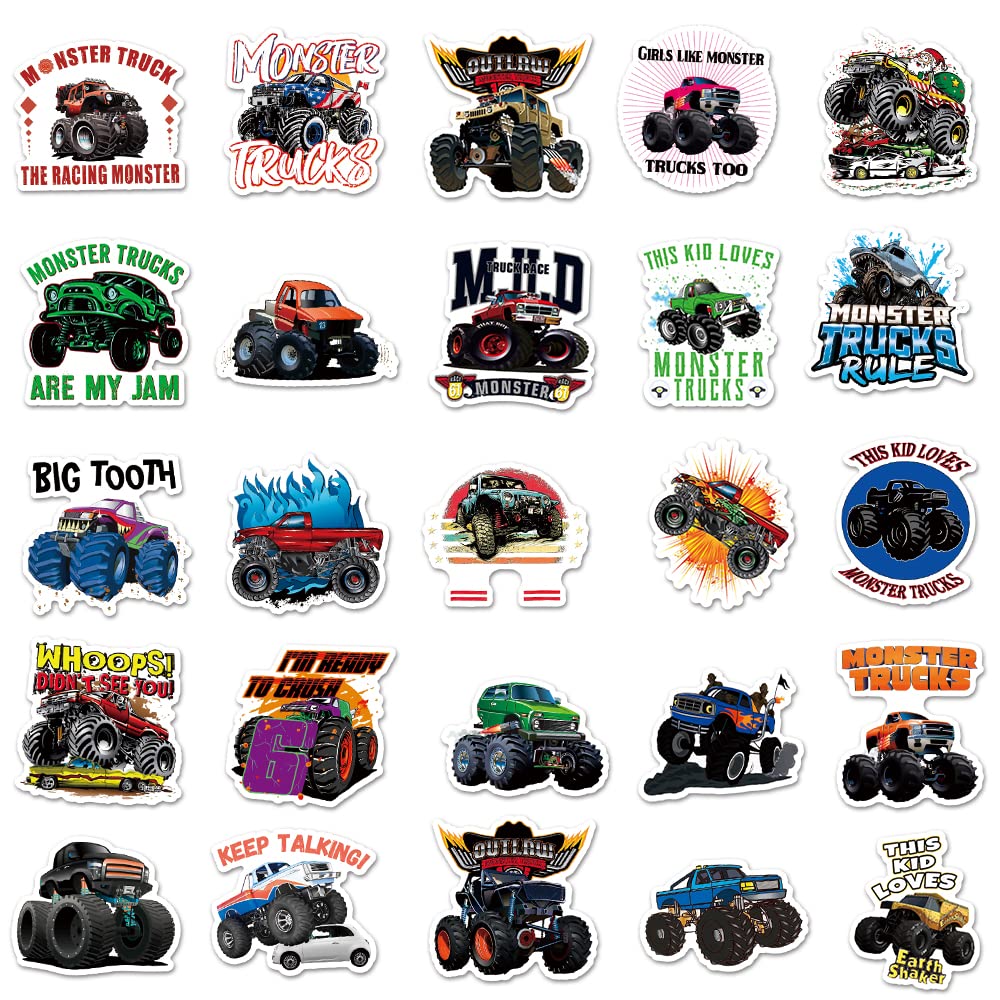 DULEFUN Monster Truck stickers on a phone case; bright designs for playful personalization.
