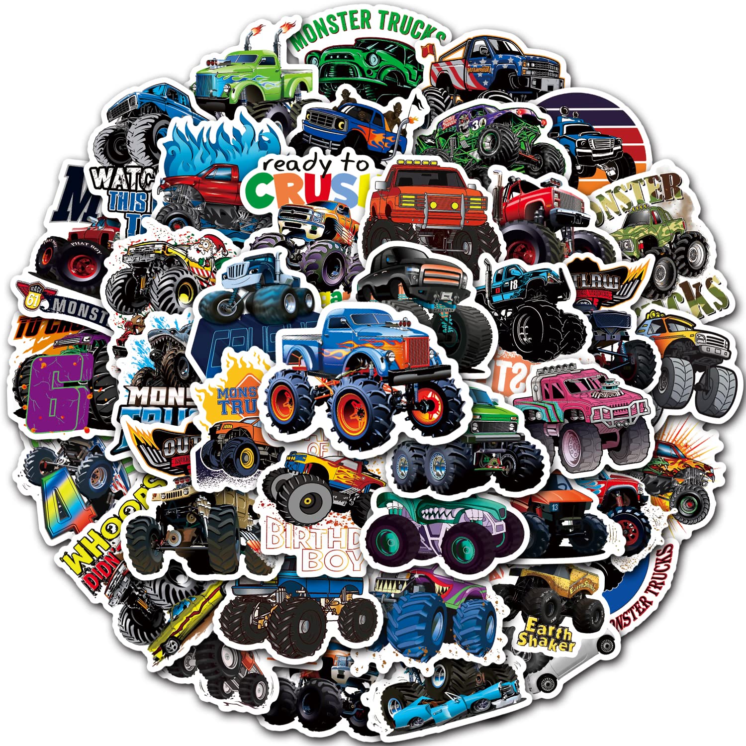 DULEFUN Monster Truck stickers on a water bottle; waterproof, vibrant, great for kids' drinks.