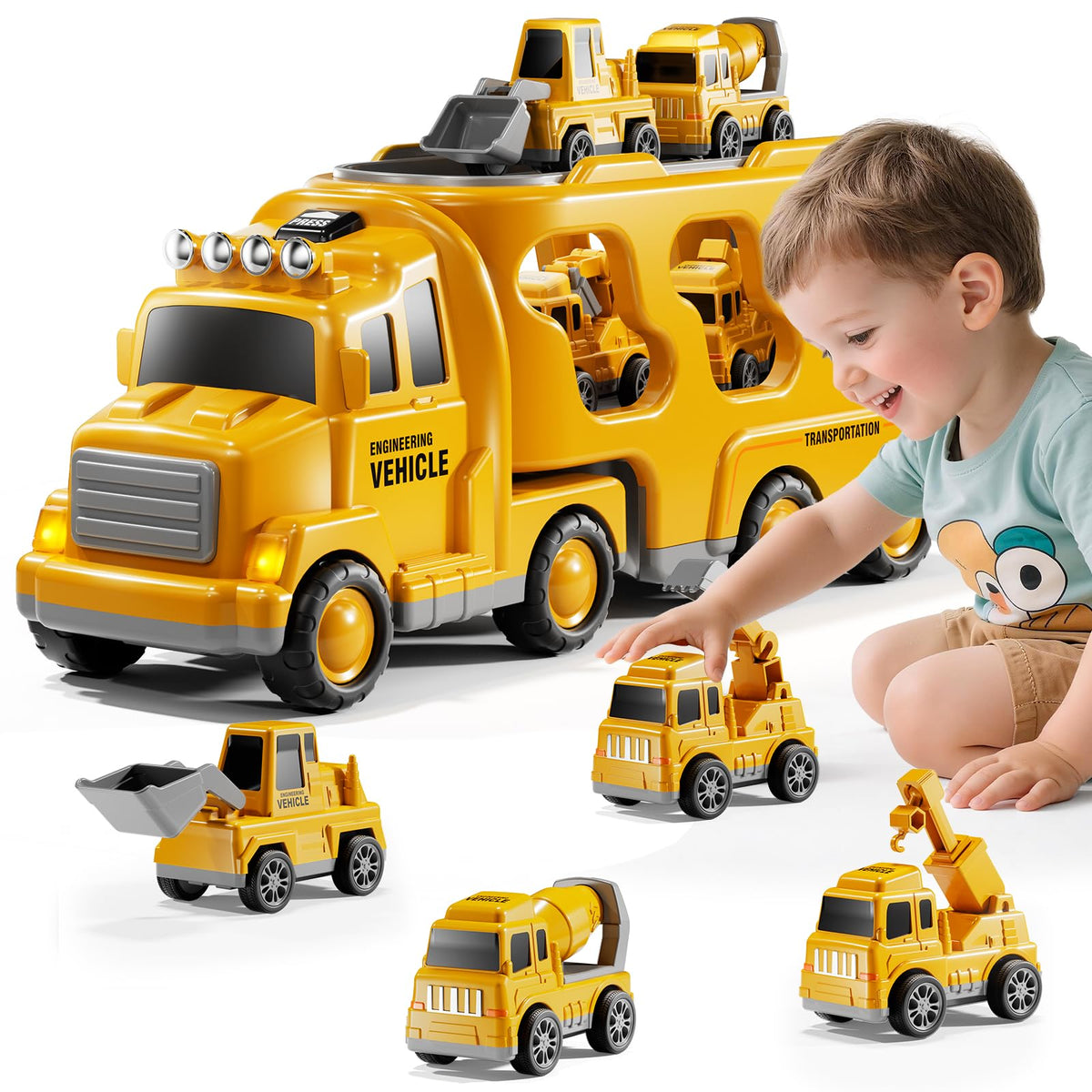 DULONIME construction truck toy with a 5-in-1 carrier for imaginative play and motor practice.