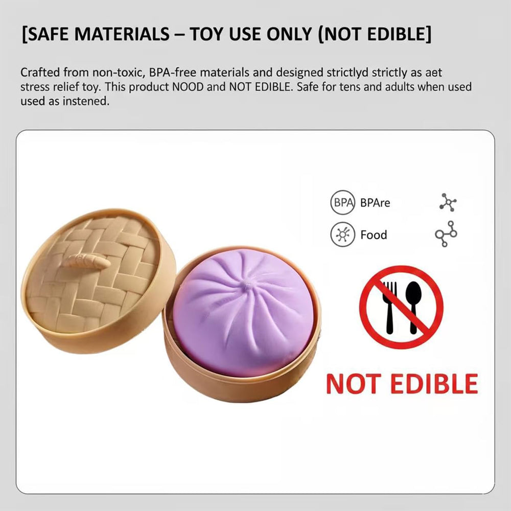 Dumpling Squishy Toy not edible warning for safe play.