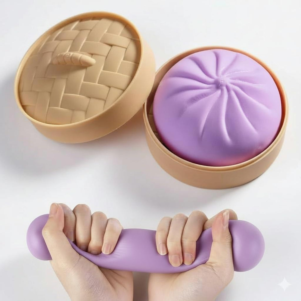 Dumpling Squishy Toy with steamer packaging for authentic stress relief.