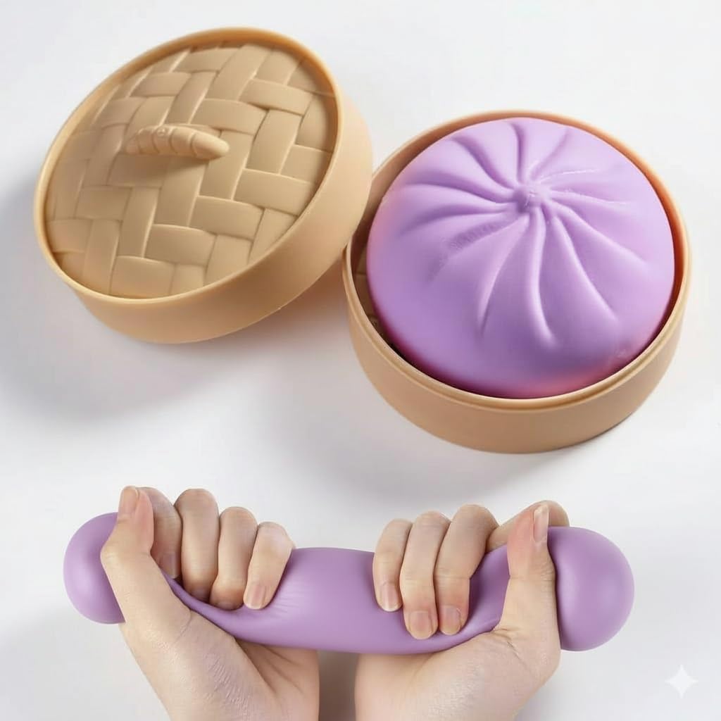 Dumpling Squishy Toy with steamer packaging for authentic stress relief.
