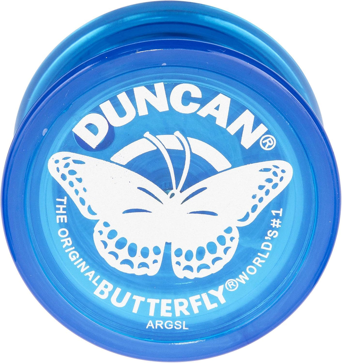 Duncan Butterfly Yo-Yo blue body close-up showing durable plastic for learning.