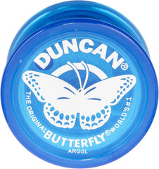 Duncan Butterfly Yo-Yo blue body close-up showing durable plastic for learning.