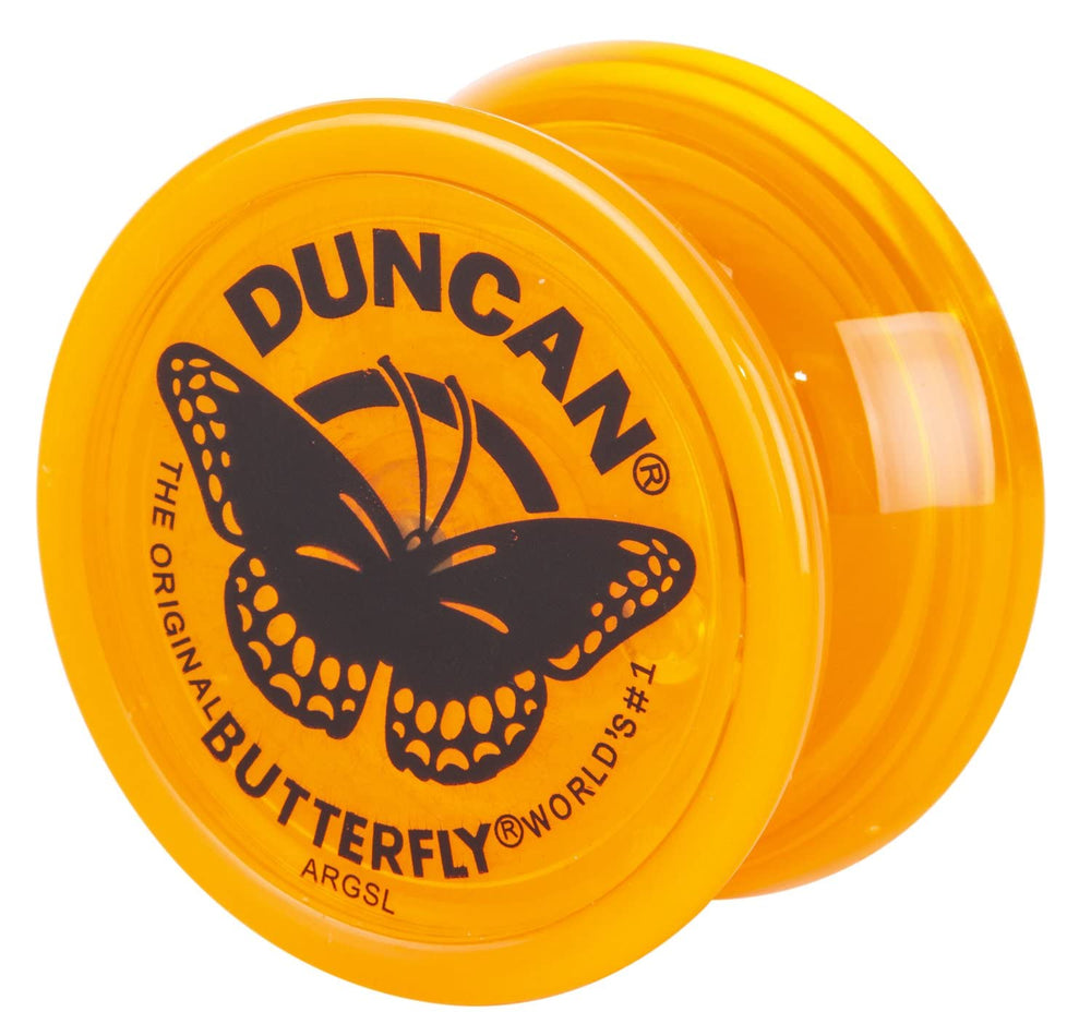 Duncan Butterfly orange yo-yo with durable plastic body, ideal for beginners.