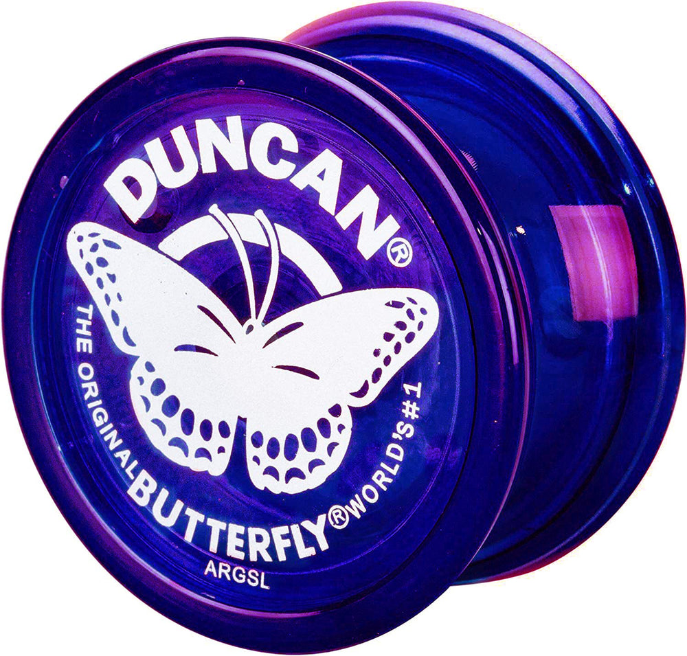 Duncan Butterfly Yo-Yo purple front view highlighting durable plastic body and steel axle for smooth spins