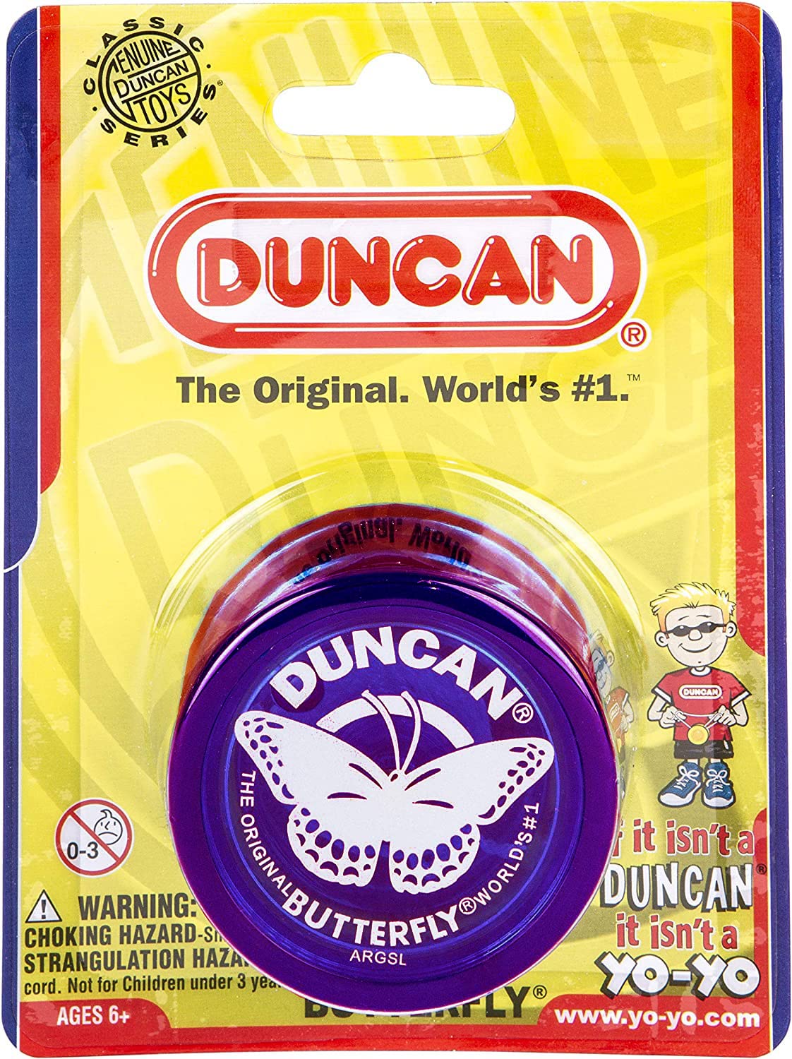 Duncan Butterfly Yo-Yo purple side view highlighting wide flared shape for easy string landings and play versatility
