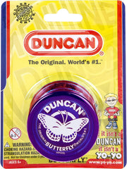 Duncan Butterfly Yo-Yo purple side view highlighting wide flared shape for easy string landings and play versatility