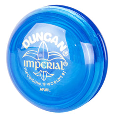 Duncan Imperial Yo-Yo blue side view shows steel axle for smooth looping