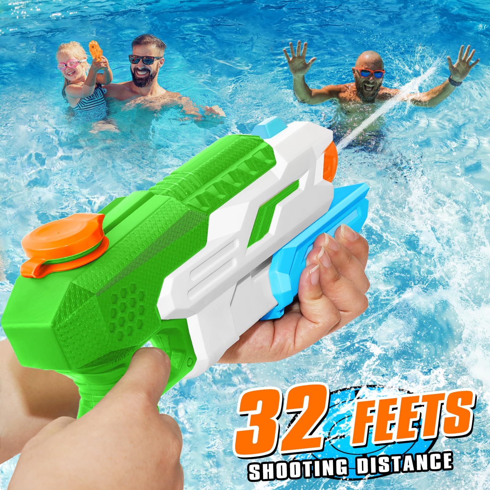 Kids and teens using DUNEMEI water guns at sunny pool party.