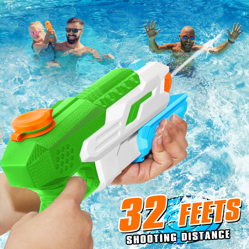 Kids and teens using DUNEMEI water guns at sunny pool party.