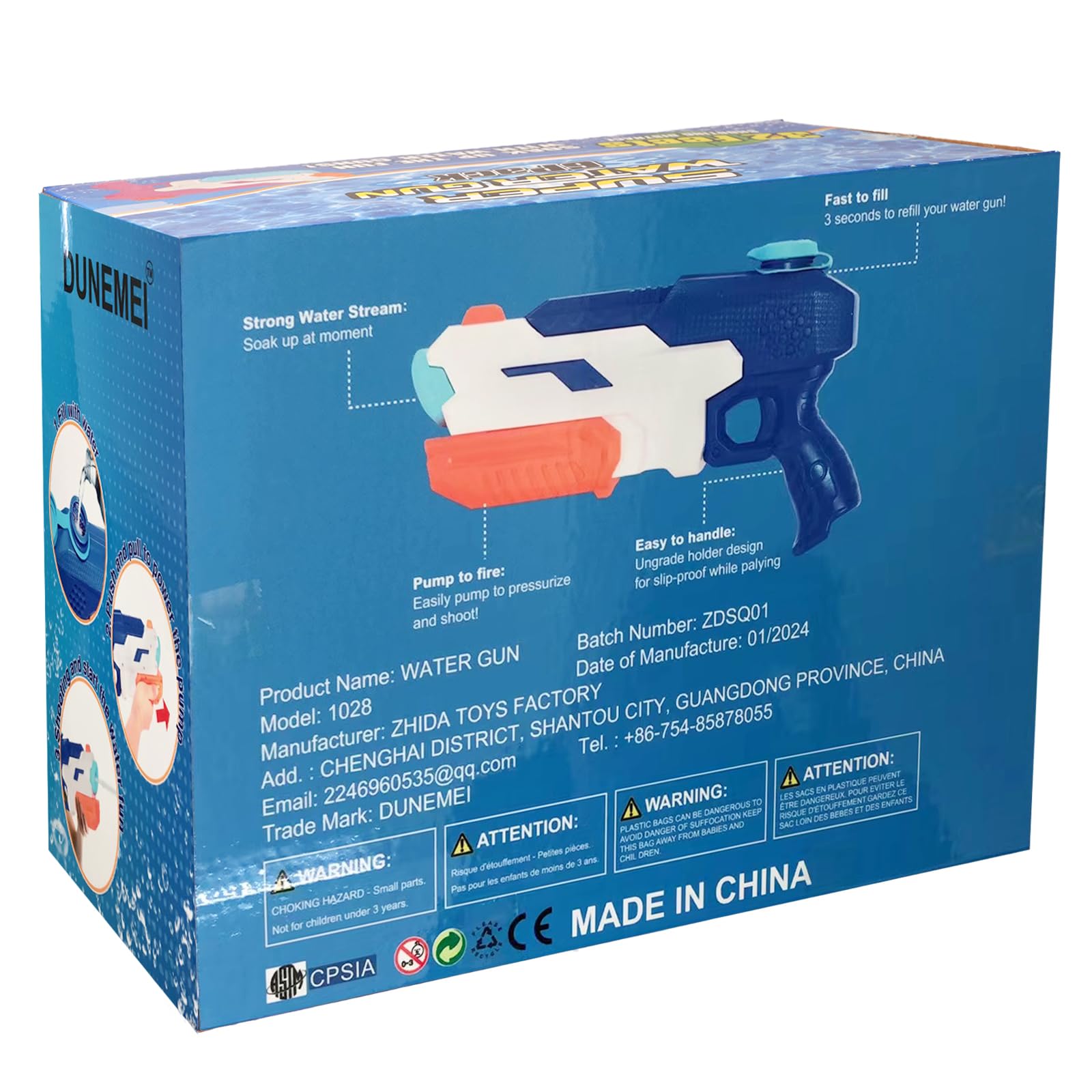 Secure 600cc capacity in DUNEMEI water guns for extended play.