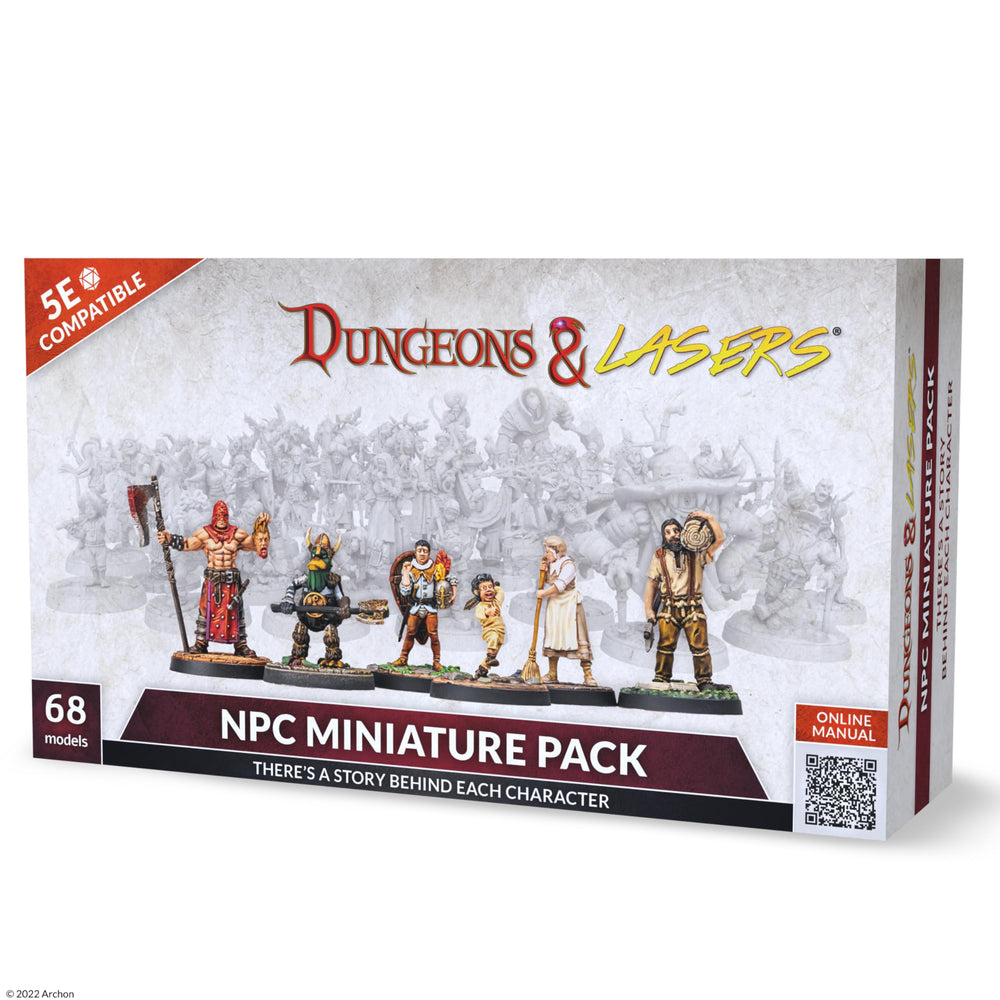 Dungeons and Lasers NPC miniatures pack shows 68 figures ready for tabletop campaigns
