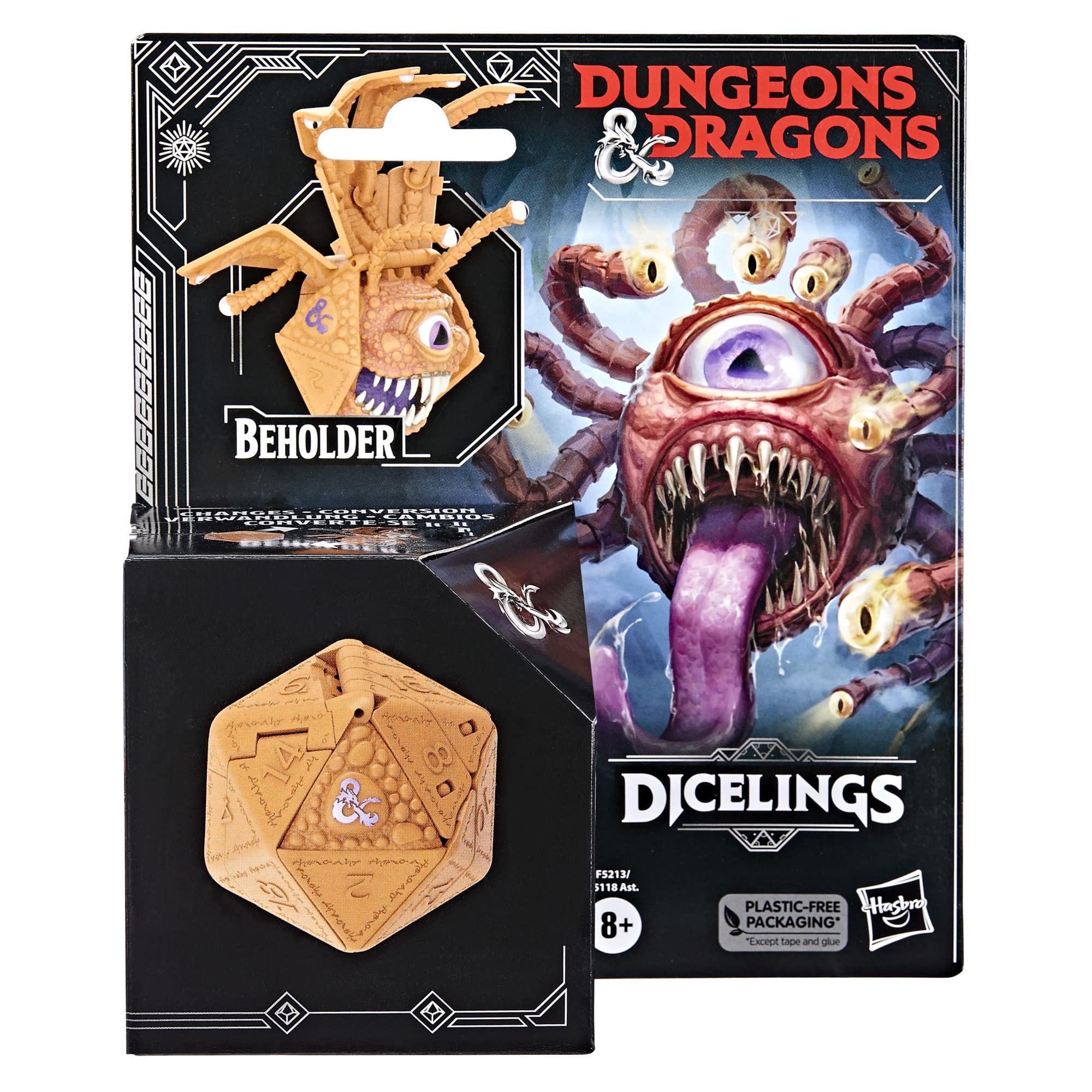 Dicelings Beholder packaging includes six-step transformation instructions.