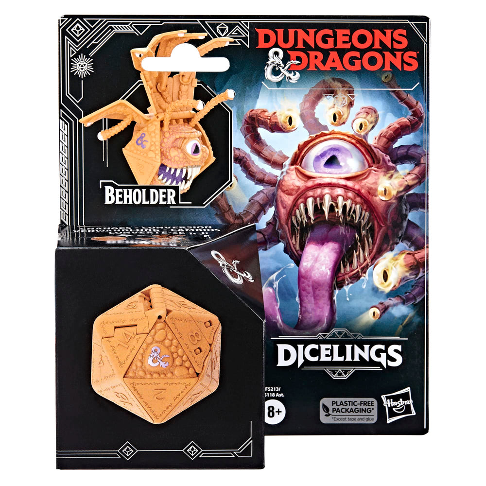 Dicelings Beholder packaging includes six-step transformation instructions.