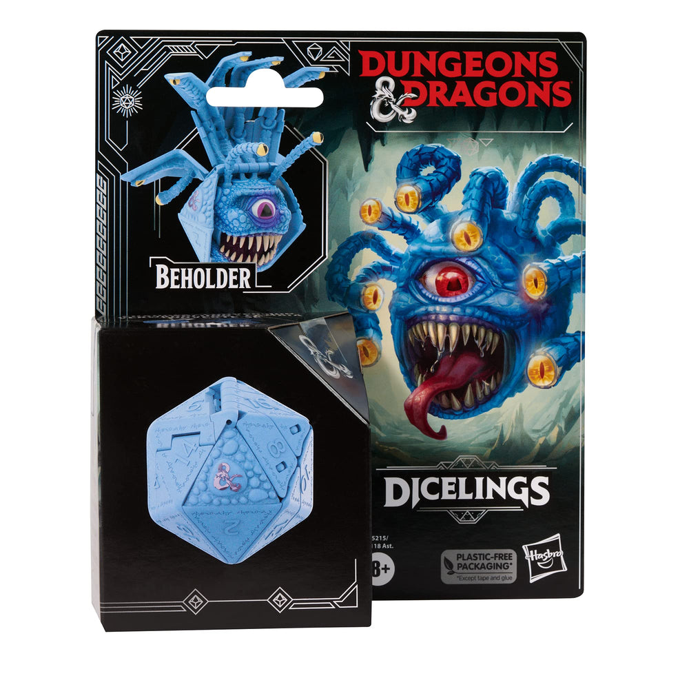 Dungeons & Dragons Dicelings Blue Beholder transforming die in d20 form for display.