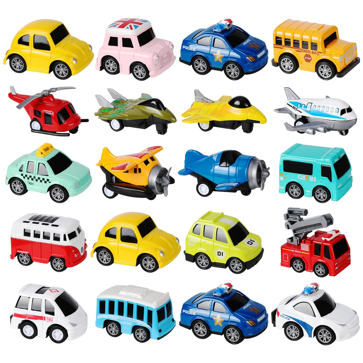 DUNRIOG 18-pack pull-back cars and airplanes set for imaginative play and endless transport adventures.