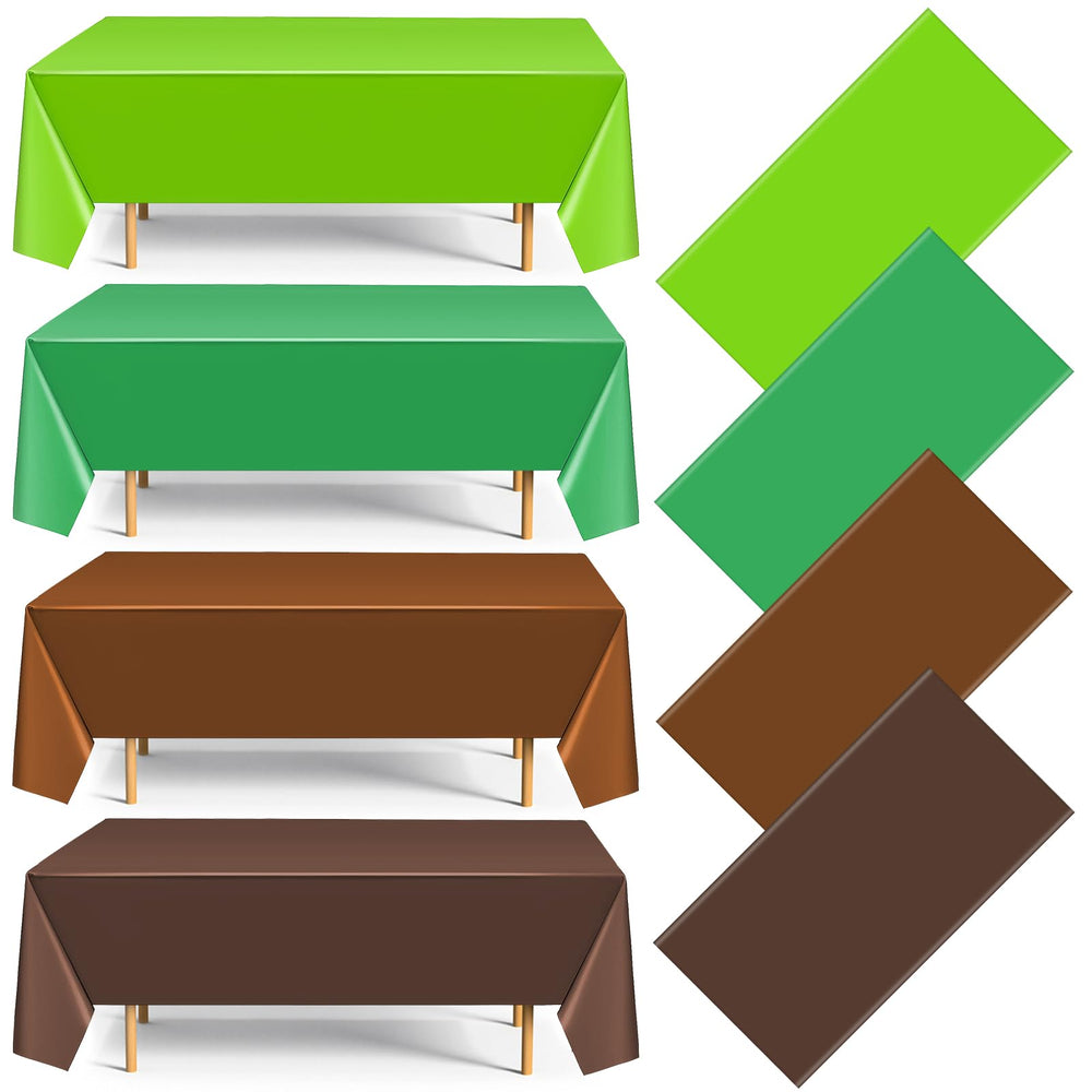 Dunzoom pixel gaming tablecloth in green and brown protecting a 54x108 inch table.