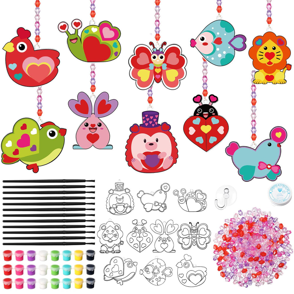 Dunzoom Valentine suncatcher kit showing 30 designs ready for classroom crafts