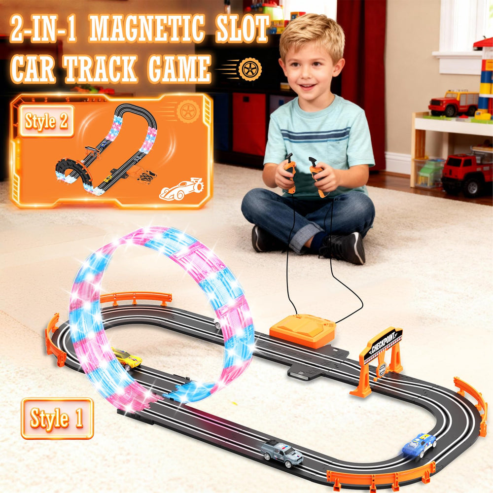 DUONIZAY dual-lane racing setup enabling two-player competition.