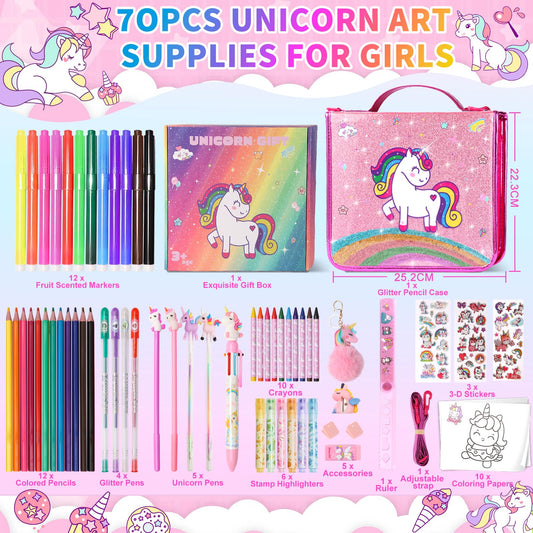 DUOROUBAO 70-piece art set with markers, pencils, crayons, and papers.