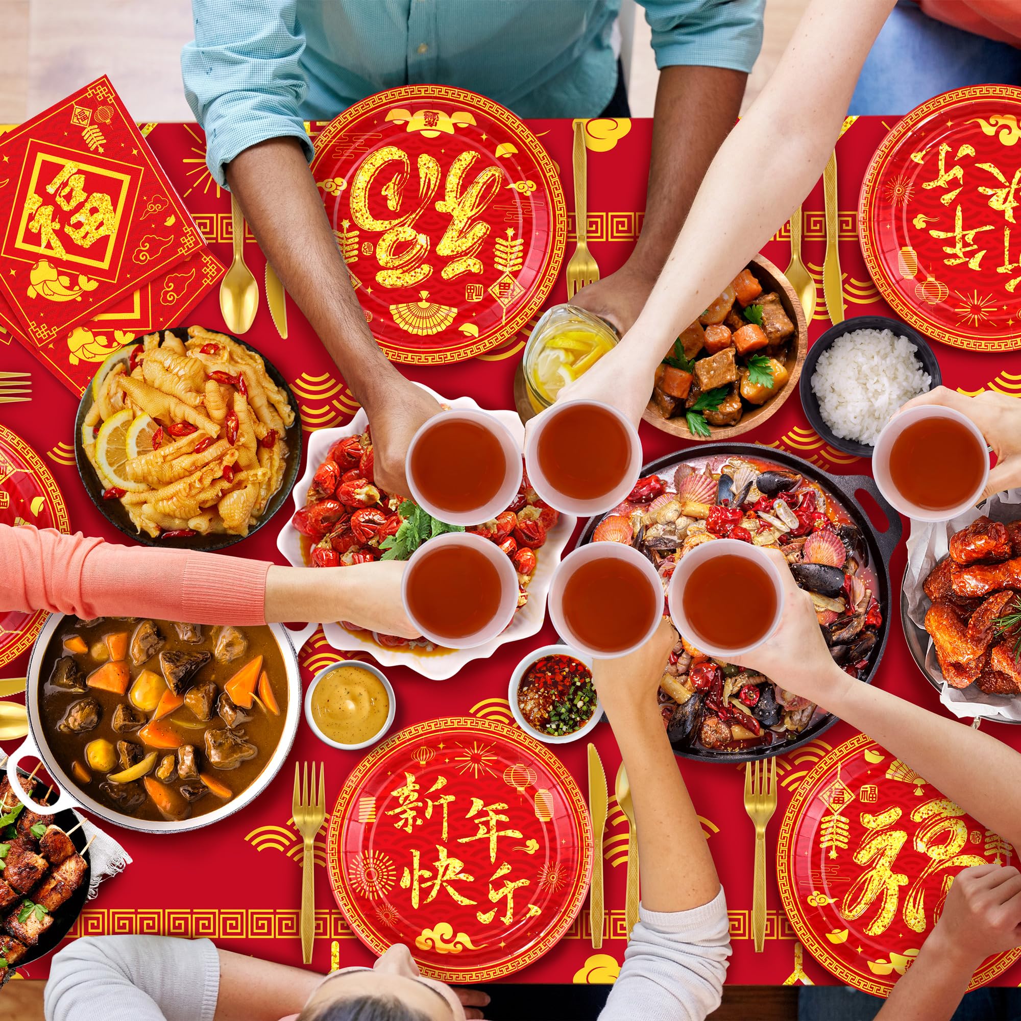Durony festive Chinese New Year patterns with ingots, lanterns, and fish for ambience