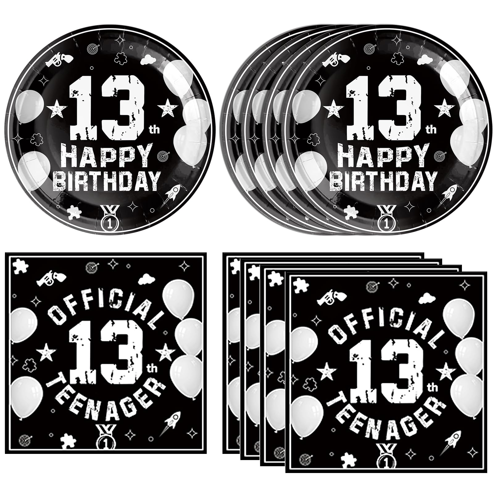 DURYGEN 13th birthday plates in black and silver for a stylish party setup.