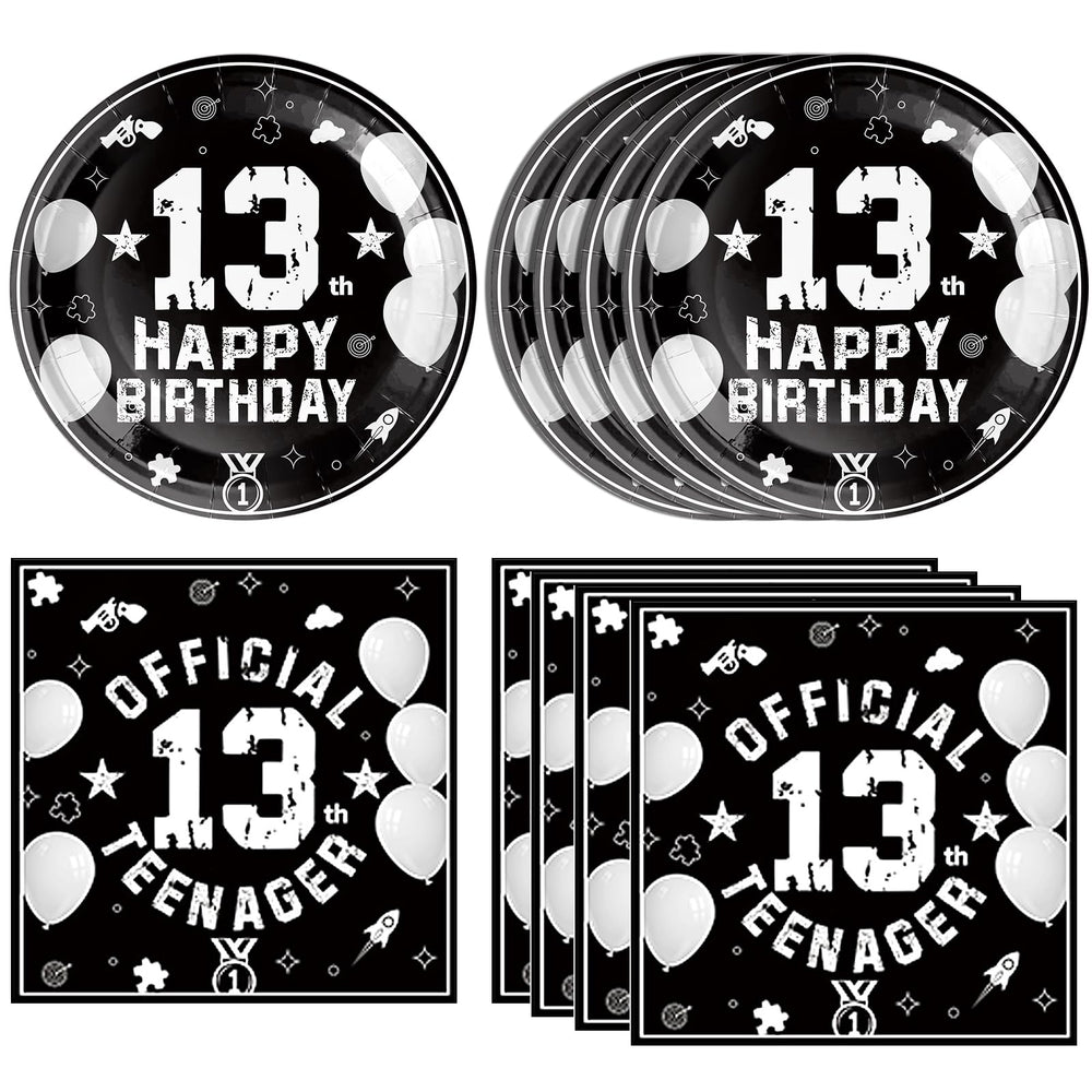 DURYGEN 13th birthday plates in black and silver for a stylish party setup.