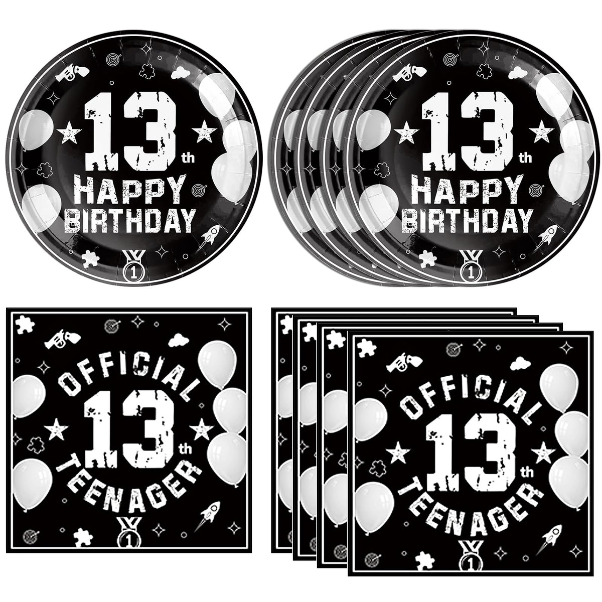 DURYGEN 13th birthday plates in black and silver for a stylish party setup.