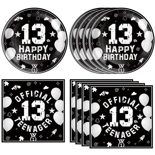 DURYGEN 13th birthday plates in black and silver for a stylish party setup.