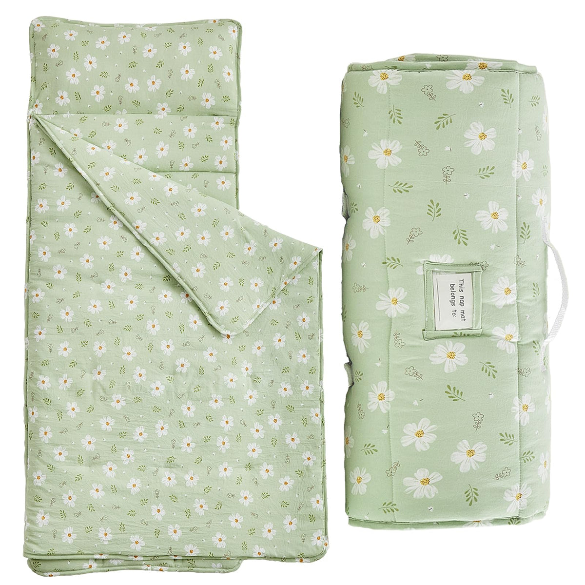DuShow toddler nap mat green floral roll-up for easy transport and storage