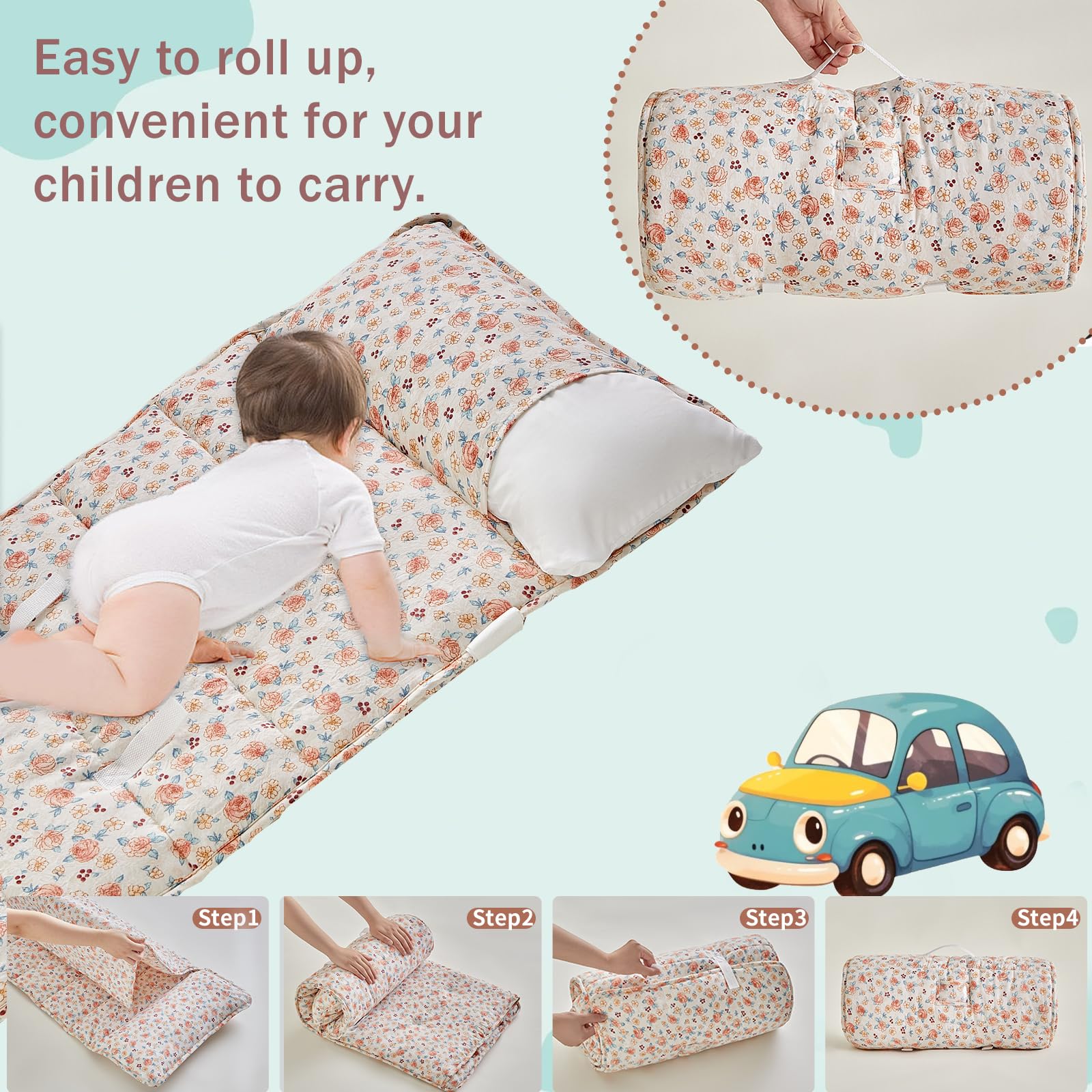 DuShow nap mat closeup shows breathable double gauze fabric gentle on skin.