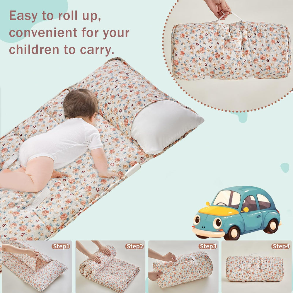 DuShow nap mat closeup shows breathable double gauze fabric gentle on skin.