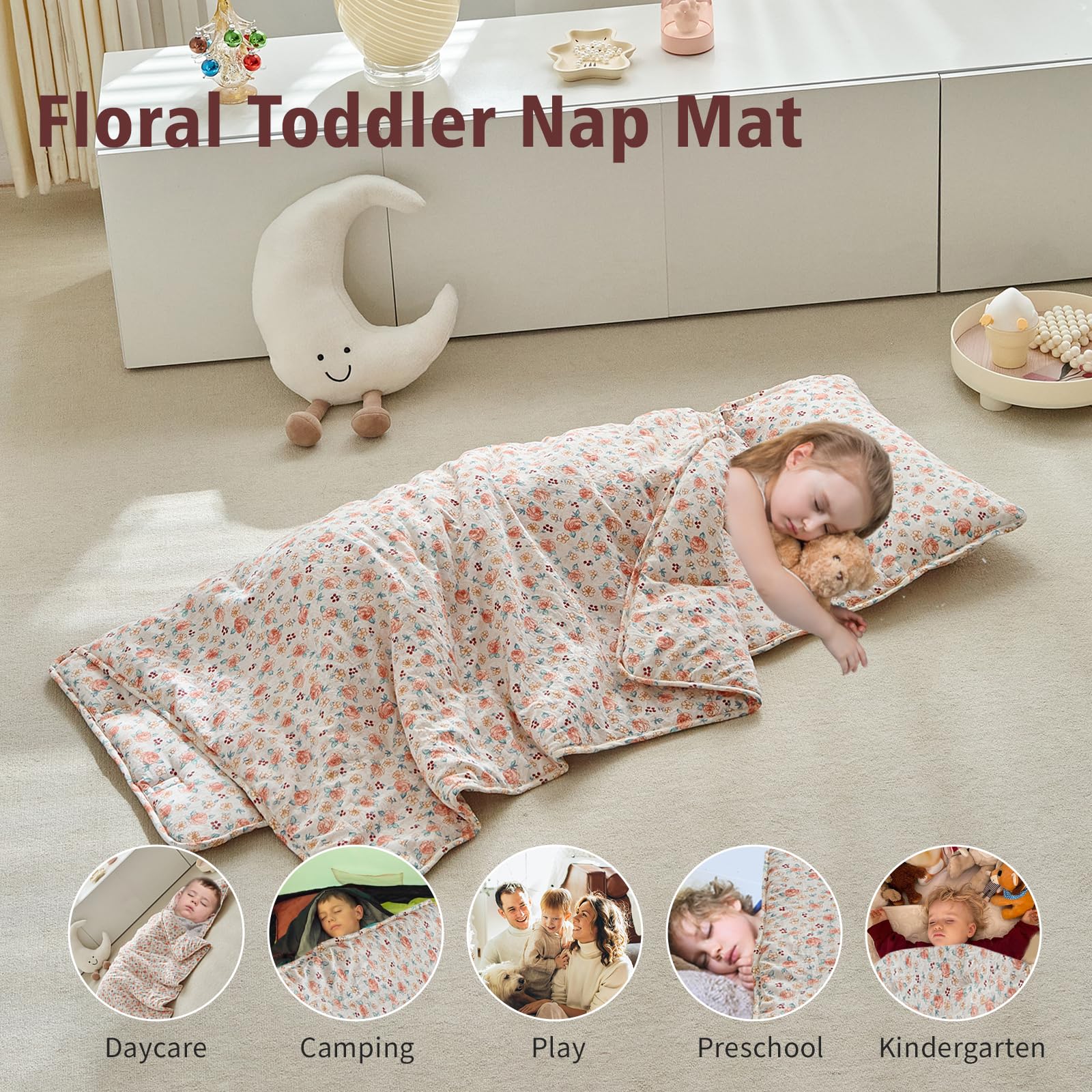 DuShow nap mat name card visible for quick kid identification at daycare.