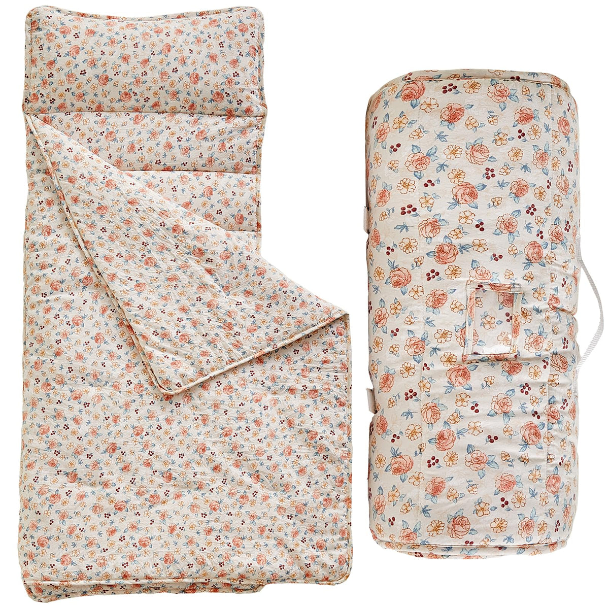 DuShow toddler nap mat rolled up with fasteners for easy transport in daycare.