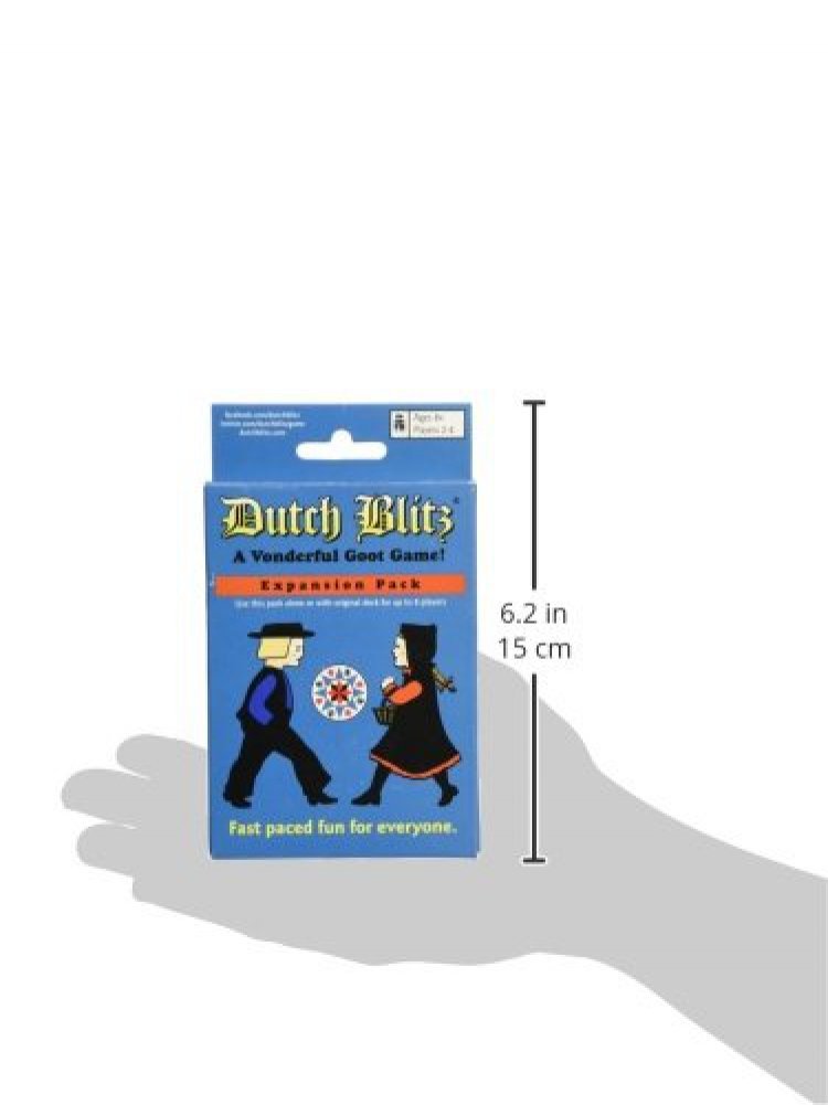 Dutch Blitz Blue Expansion packaging highlights new color decks and gameplay options.